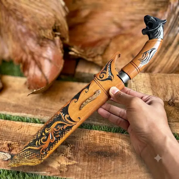 golok bersarung kayu ukir dengan gagang ukir kepala naga — PisauNusantara Bandung